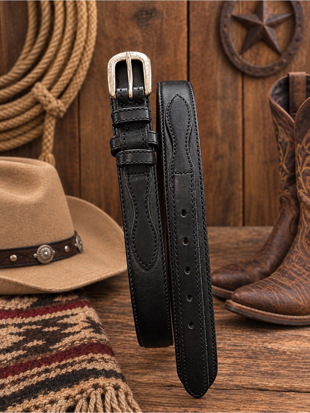 Cabelas Mens black leather belt with silver buckle